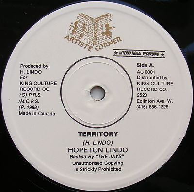 Hopeton Lindo : Territory / Give Me Your Love (12")