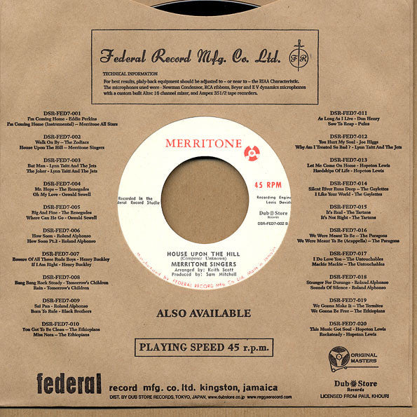 The Zodiacs (5) / Merritone Singers* : Walk On By / House Upon The Hill (7", Single)