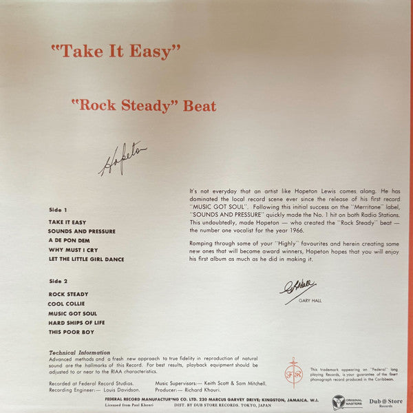 Hopeton Lewis : "Take It Easy" With The "Rock Steady" Beat (LP, Album, RE)