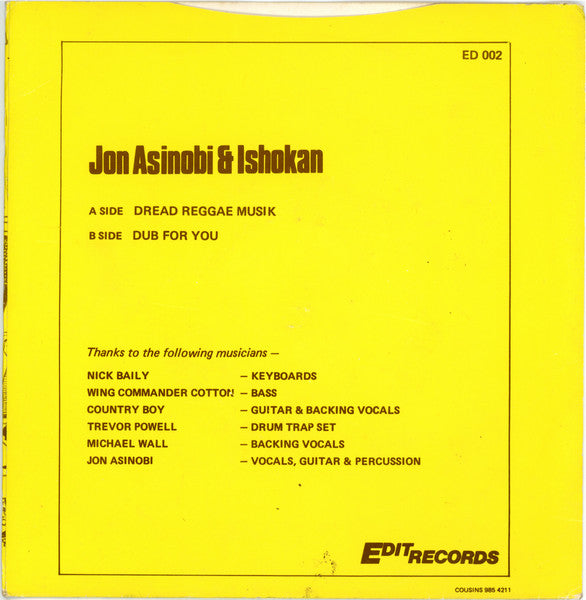 Jon Asinobi & Ishokan : Dread Reggae Musik (7")